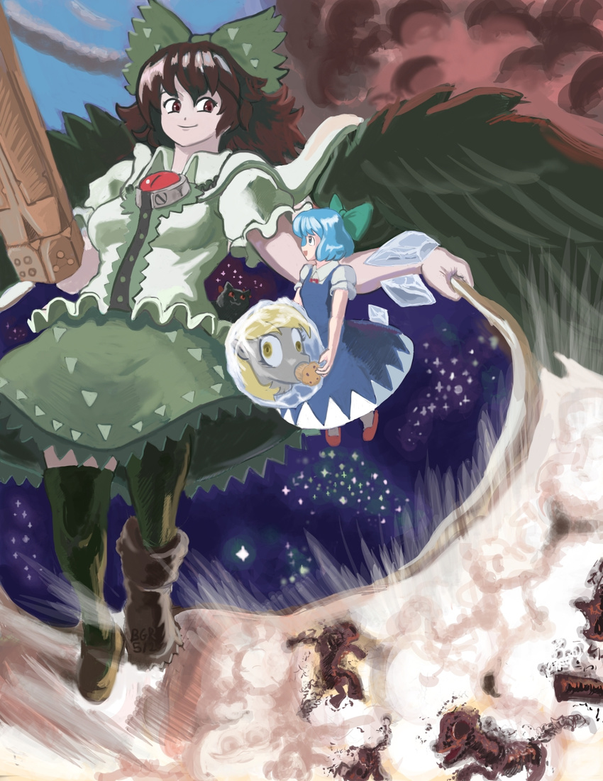 arm_cannon ashes blue_hair bow brown_hair burn_mark burnt cape cat cirno commentary corpse death derpy_hooves disembodied_head dress food frilled_skirt frills frozen giantess hair_bow highres kaenbyou_rin kaenbyou_rin_(cat) long_hair minigirl mismatched_footwear muffin multiple_girls my_little_pony my_little_pony_friendship_is_magic pony profitshame puffy_short_sleeves puffy_sleeves red_eyes reiuji_utsuho short_hair short_sleeves skirt smoke thighhighs third_eye touhou weapon wings