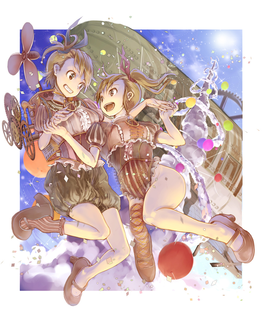 aircraft balloon blimp brown_eyes brown_hair dirigible futami_ami futami_mami grin highres idolmaster idolmaster_(classic) multiple_girls siblings side_ponytail smile twins yae_(mono110)