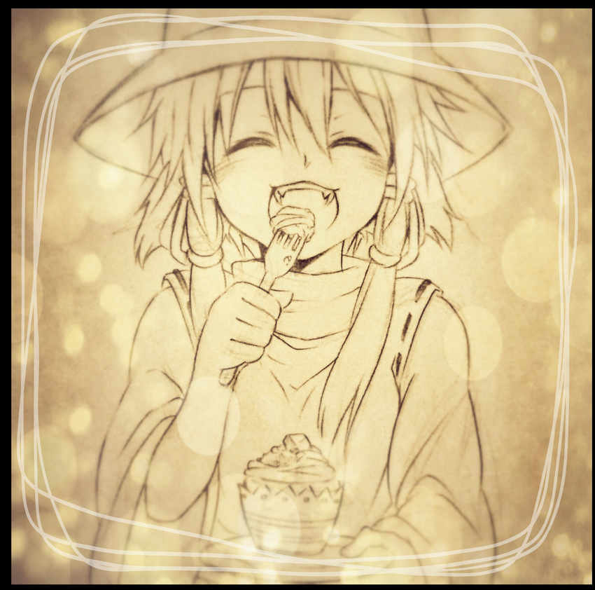 bad_id bad_pixiv_id blush bow cake eating food hair_bow hat highres monochrome mont_blanc_(food) moriya_suwako nora_wanko smile solo touhou wide_sleeves