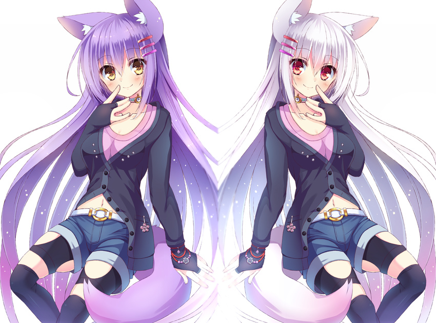 animal_ears bad_id bad_pixiv_id black_legwear blush bridal_gauntlets choker clock fox_ears fox_tail hair_ornament hairclip highres long_hair looking_at_viewer multiple_girls navel original purple_hair red_eyes shorts simple_background smile symmetry tail thighhighs very_long_hair white_background white_hair yatsuki_yura yellow_eyes