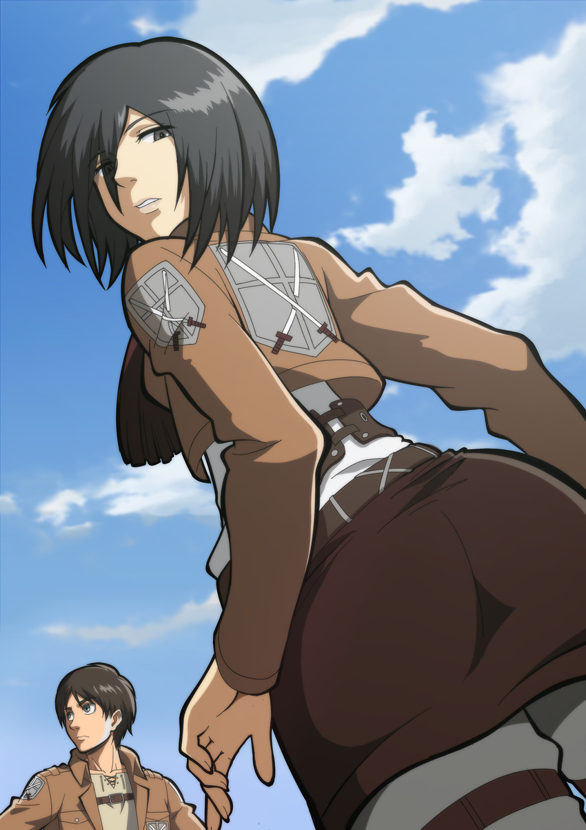 1girl absurdres ass belt brown_hair cloud day emblem eren_yeager from_behind highres insignia jacket looking_at_viewer mikasa_ackerman paradis_military_uniform scarf shingeki_no_kyojin short_hair sky strap training_corps_(emblem) tyongc