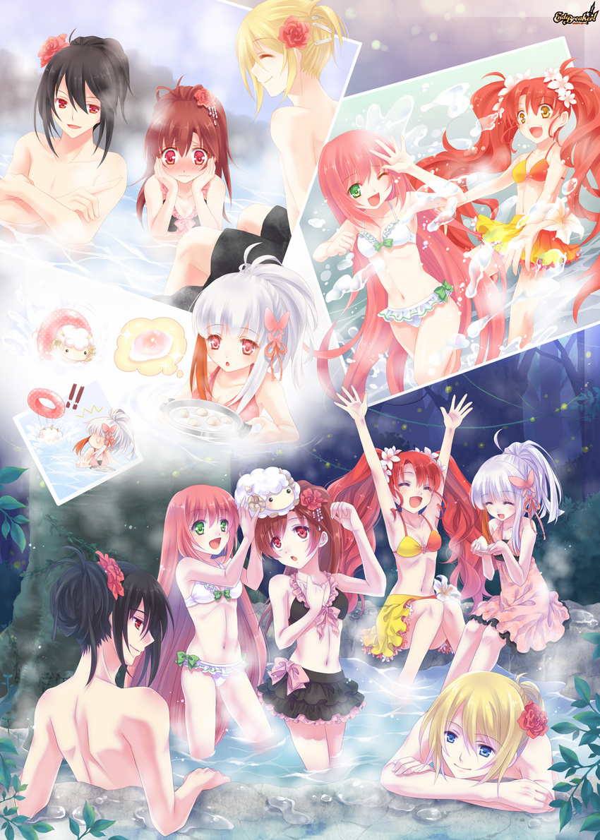 4girls bikini black_hair blonde_hair blue_eyes brown_hair character_request closed_eyes end_breaker! flower green_eyes hair_flower hair_ornament highres innertube long_hair multicolored_hair multiple_boys multiple_girls one_eye_closed onsen pink_hair ponytail red_eyes red_hair rose short_hair smile swimsuit twintails two-tone_hair water white_hair yellow_eyes