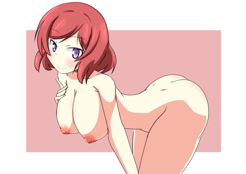 bad_id bad_pixiv_id bent_over blush breasts highres large_breasts looking_at_viewer love_live! love_live!_school_idol_project naruse_mai nipples nishikino_maki nude purple_eyes red_hair short_hair smile solo