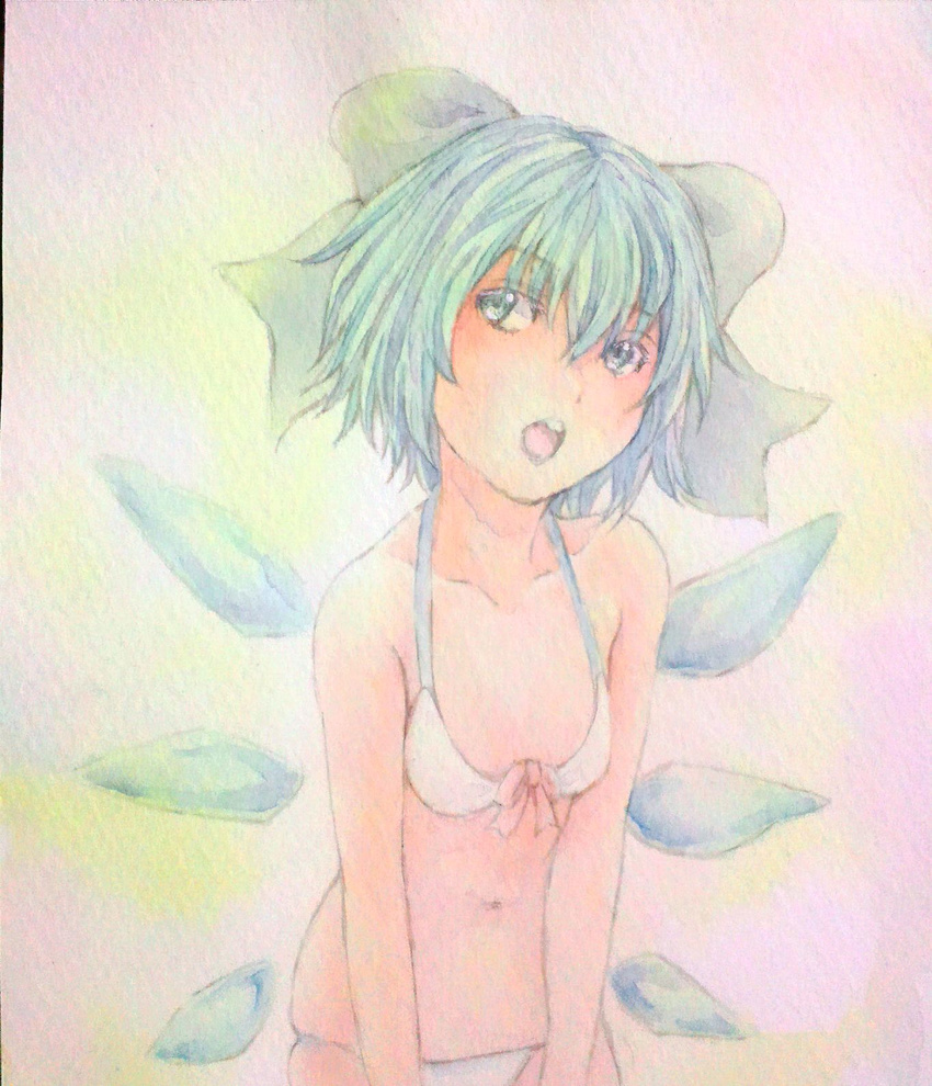 bikini blue_eyes blue_hair bow breasts cirno collarbone front-tie_bikini front-tie_top hair_bow highres ice ice_wings leaning_forward looking_at_viewer navel open_mouth skindentation small_breasts solo swimsuit touhou traditional_media watercolor_(medium) wings yuyu_(00365676)