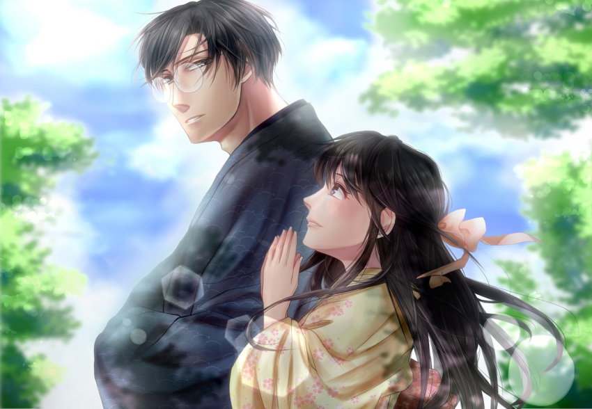 1boy 1girl black_hair blue_sky blurry blurry_background bow brown_eyes crossed_arms day floral_print glasses hair_bow hands_together hands_up izumi_(stardustalone) japanese_clothes kimono long_hair looking_at_another original outdoors pink_bow renri_no_chigiri_wo_kimi_to_shiru sidelocks sky summer tree upper_body yellow_kimono