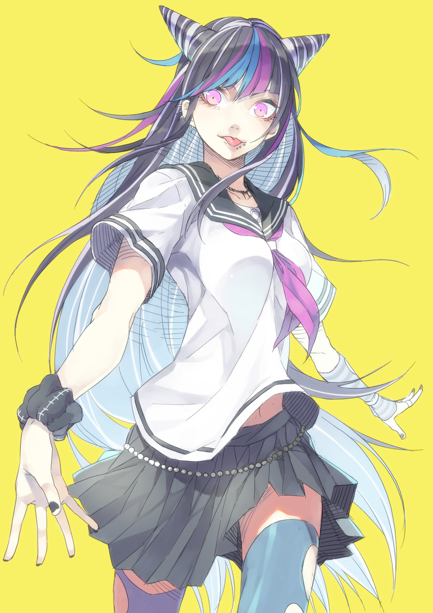 :p armband barbell_piercing black_hair danganronpa ear_piercing fingerless_gloves gloves haruba_negi highres jewelry lip_piercing long_hair mioda_ibuki multicolored_hair nail_polish necklace open_mouth piercing pink_eyes pink_hair sailor_collar school_uniform serafuku skirt solo super_danganronpa_2 thighhighs tongue tongue_out white_hair zettai_ryouiki