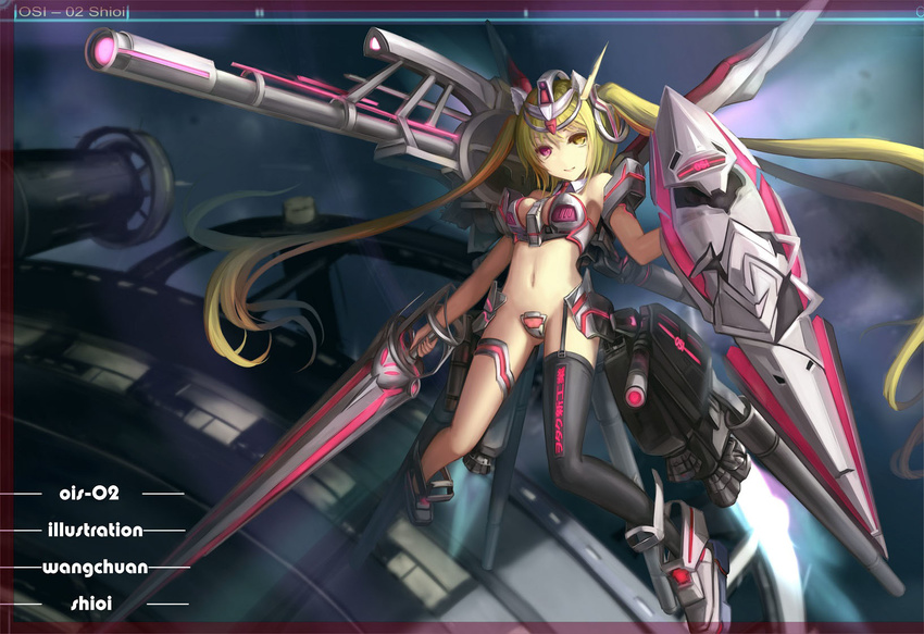 blonde_hair breasts cleavage gundam highres long_hair md5_mismatch mecha_musume medium_breasts navel revealing_clothes single_thighhigh solo thighhighs twintails wangchuan_de_quanyan weapon