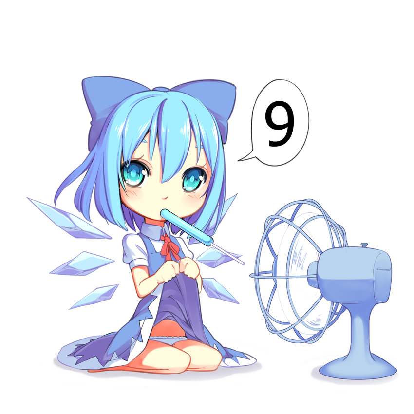 1girl aoi_tsunami blue_eyes blue_hair blush bow cirno dress dress_lift electric_fan fanning_crotch food hair_bow highres looking_at_viewer mouth_hold panties popsicle short_hair simple_background sitting solo speech_bubble touhou underwear wariza white_background white_panties wings