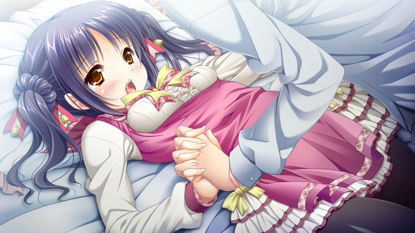1girl 3-nin_iru! bed bell blush game_cg hand_holding nakase_nagisa open_mouth purple_hair suzui_narumi twintails yellow_eyes