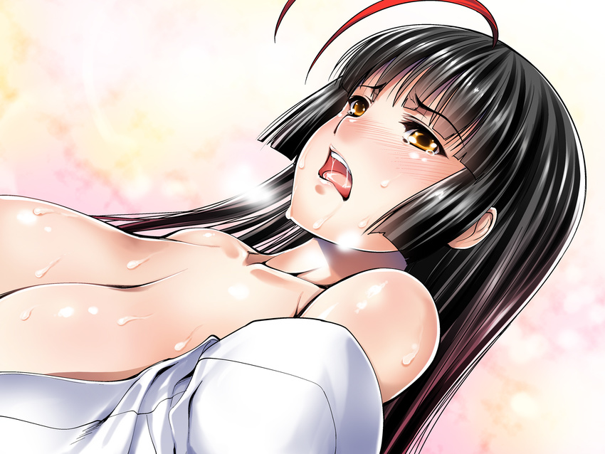 1girl antennae bare_shoulders black_hair breasts brown_eyes detached_sleeves female gen_(genetrix) highres huge_breasts japanese_clothes long_hair miko miko-chan_(gen_(genetrix)) open_mouth original solo upper_body wet