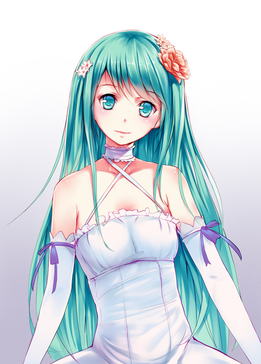 aqua_eyes aqua_hair criss-cross_halter elbow_gloves flower gloves hair_down hair_flower hair_ornament halter_top halterneck hatsune_miku head_tilt highres long_hair mou_kankan solo very_long_hair vocaloid white_background