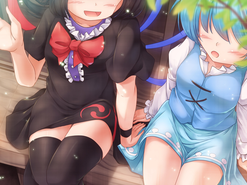 asymmetrical_wings black_dress black_hair black_legwear bow dress hair_over_eyes highres houjuu_nue juliet_sleeves long_sleeves lzh multiple_girls puffy_sleeves shirt short_hair sitting skirt smile tatara_kogasa thighhighs touhou veranda vest wings zettai_ryouiki