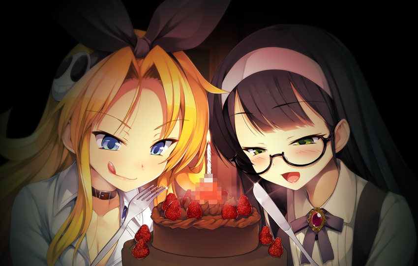 2girls black_hair blonde_hair blue_eyes cake candle cauliflower_(artist) censored collar erectlip femdom food fork fruit game_cg glasses green_eyes headband knife licking_lips little_do_s_bitch multiple_girls penis rena_(little_do_s_bitch) rika_(little_do_s_bitch) strawberry tongue tongue_out what