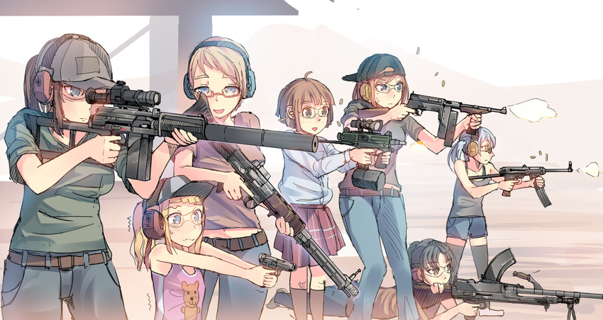 battle_rifle blonde_hair blue_eyes blush bren_gun casual cbj-ms daito drum_magazine fg42 firing glasses group_picture group_profile gun hat headset lineup multiple_girls nambu_type_94 original profile red_eyes rifle school_uniform shooting_range short_hair silver_hair smile trembling type_79_smg ud_m42 vsk-94 weapon