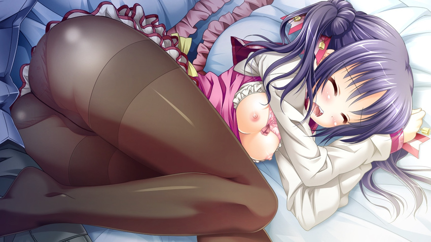 1girl 3-nin_iru! ass bed bell blush breasts eyes_closed game_cg nakase_nagisa nipples open_mouth pantyhose pillow purple_hair suzui_narumi twintails