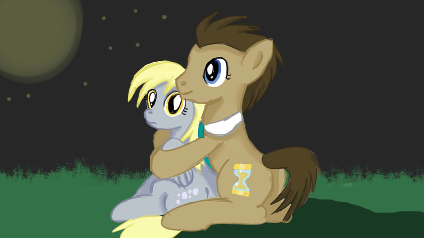 blue_eyes brown_fur brown_hair cutie_mark derpy_hooves_(mlp) doctor_whooves_(mlp) duo equine female friendship_is_magic fur grey_fur hair horse jbond male mammal moon my_little_pony necktie night outside pegasus pony smile stars wings yellow_eyes