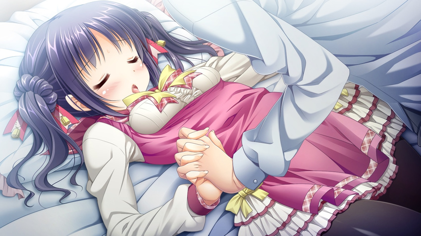 1girl 3-nin_iru! bed bell blush eyes_closed game_cg hand_holding nakase_nagisa purple_hair suzui_narumi twintails