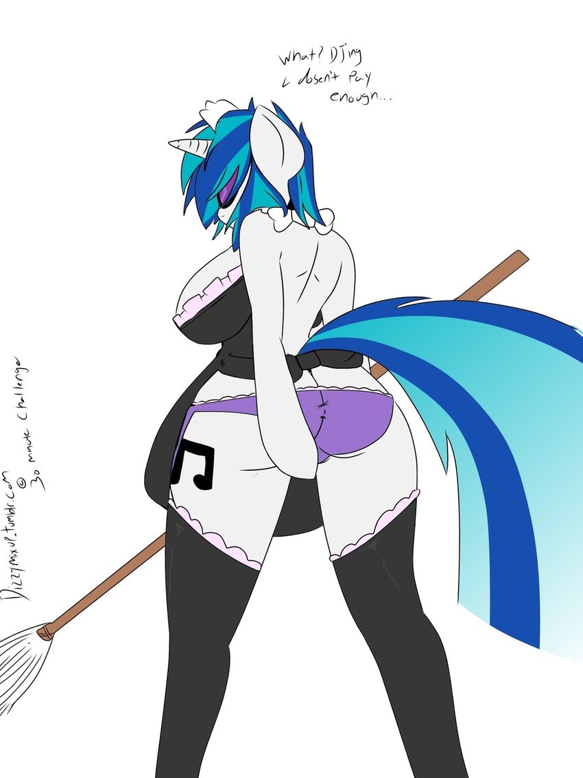 blue_hair breasts clothing cutie_mark equine female friendship_is_magic fur hair handmantoot hooves horn horse legwear looking_at_viewer looking_back maid_uniform mammal mop my_little_pony panties purple_glasses raised_tail solo standing stockings text two_tone_hair underwear unicorn vinyl_scratch_(mlp) white_fur