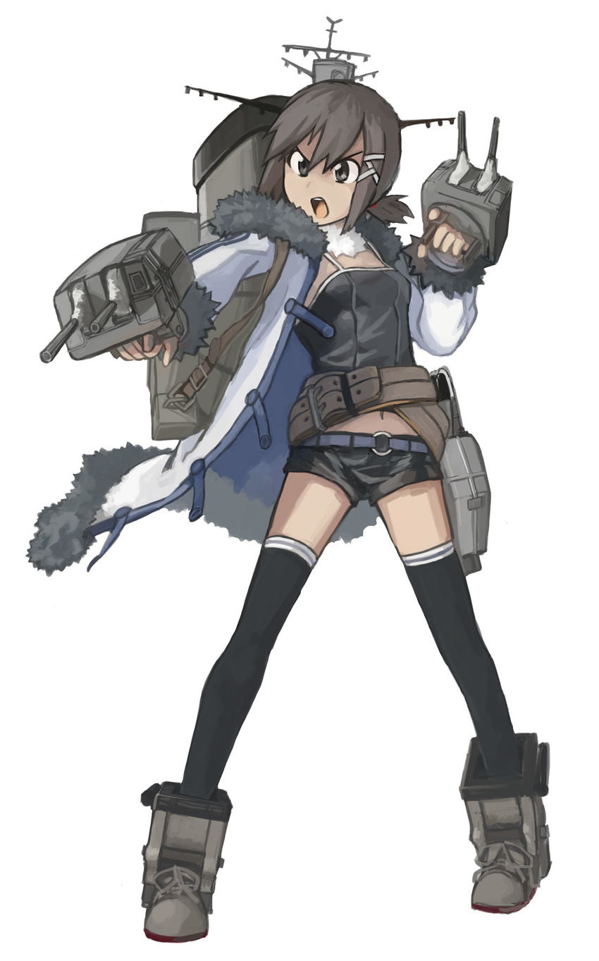 :o alternate_costume asagiri_asagi asagiri_asagi_(cosplay) black_hair coat cosplay ergot faux_traditional_media finger_on_trigger fubuki_(kantai_collection) full_body hair_ornament hairclip highres kantai_collection look-alike navel nippon_ichi open_mouth ponytail shoes short_hair shorts simple_background solo thighhighs trait_connection turret v-shaped_eyebrows white_background