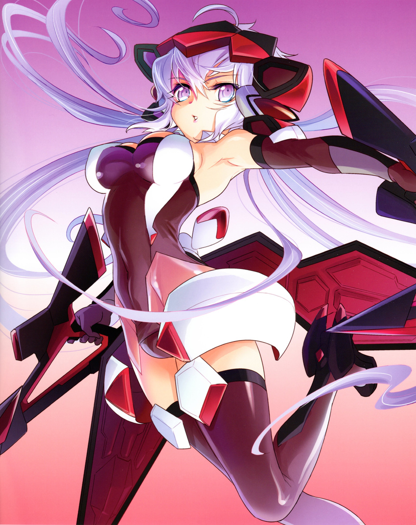 absurdres armpits bare_shoulders bodysuit breasts covered_navel dual_wielding elbow_gloves gloves gradient gradient_background headgear highres holding large_breasts lavender_hair leg_up long_hair official_art purple_eyes scan senki_zesshou_symphogear solo thighhighs weapon weiss_schwarz yoshii_dan yukine_chris