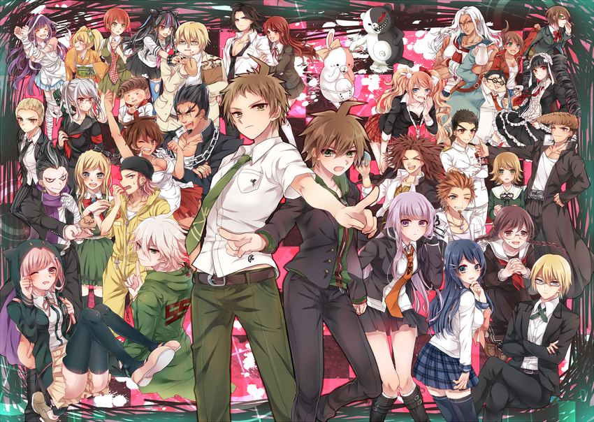 6+girls absolutely_everyone ahoge annotated apron asahina_aoi bandages barbell_piercing black_hair blonde_hair blue_eyes blue_hair bow bowtie braid breasts brown_hair celestia_ludenberck cham-p cleavage closed_eyes danganronpa danganronpa/zero danganronpa_1 danganronpa_kirigiri dark_skin ear_piercing enoshima_junko everyone formal freckles fujisaki_chihiro fukawa_touko glasses gloves green_eyes hagakure_yasuhiro hair_ornament hairclip hanamura_teruteru highres hinata_hajime hood hoodie ishimaru_kiyotaka jacket japanese_clothes kirigiri_kyouko koizumi_mahiru komaeda_nagito kuwata_reon kuzuryuu_fuyuhiko lip_piercing long_hair maizono_sayaka matsuda_yasuke medium_breasts mioda_ibuki miyuzu mole monokuma monomi_(danganronpa) multicolored_hair multiple_boys multiple_girls muscle muscular_female naegi_makoto nanami_chiaki necktie nidai_nekomaru nurse oogami_sakura oowada_mondo open_mouth otoko_no_ko otonashi_ryouko owari_akane pekoyama_peko piercing pink_eyes pink_hair ponytail purple_eyes purple_hair red_eyes red_hair ribbon saionji_hiyoko samidare_yui scar school_uniform serafuku short_hair silver_hair skirt smile sonia_nevermind souda_kazuichi suit super_danganronpa_2 tanaka_gandamu tears thighhighs togami_byakuya togami_byakuya_(super_danganronpa_2) tsumiki_mikan twin_braids twintails white_hair yamada_hifumi