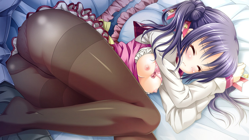 1girl 3-nin_iru! bed bell blush breasts eyes_closed game_cg nakase_nagisa nipples pantyhose pillow purple_hair suzui_narumi twintails