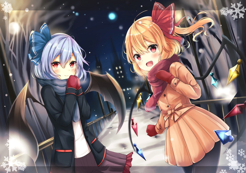 bat_wings black_legwear blonde_hair blue_bow blush border bow bridge commentary cowboy_shot dress eyebrows_visible_through_hair flandre_scarlet hair_bow jacket lavender_hair light_particles looking_at_viewer mittens multiple_girls night night_sky no_hat no_headwear open_mouth orange_dress pantyhose red_bow red_eyes remilia_scarlet renka_(cloudsaikou) scarf scarlet_devil_mansion short_hair siblings sisters skirt sky smile snow snowflakes touhou transparent_border tree wings winter winter_clothes