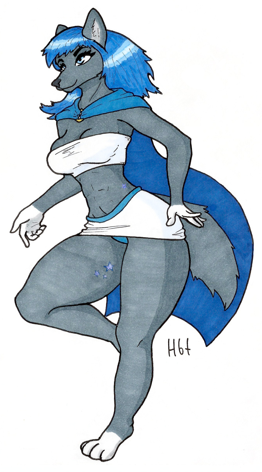 2018 5_fingers animal_humanoid anthro big_thighs blue_eyes blue_hair breasts canine cape clothed clothing covered_nipples eyebrows eyelashes female fur fur_ears haibet hair humanoid humanoid_hands mammal miniskirt mostly_nude panties simple_background skirt smile solo standing thick_thighs underwear wolf