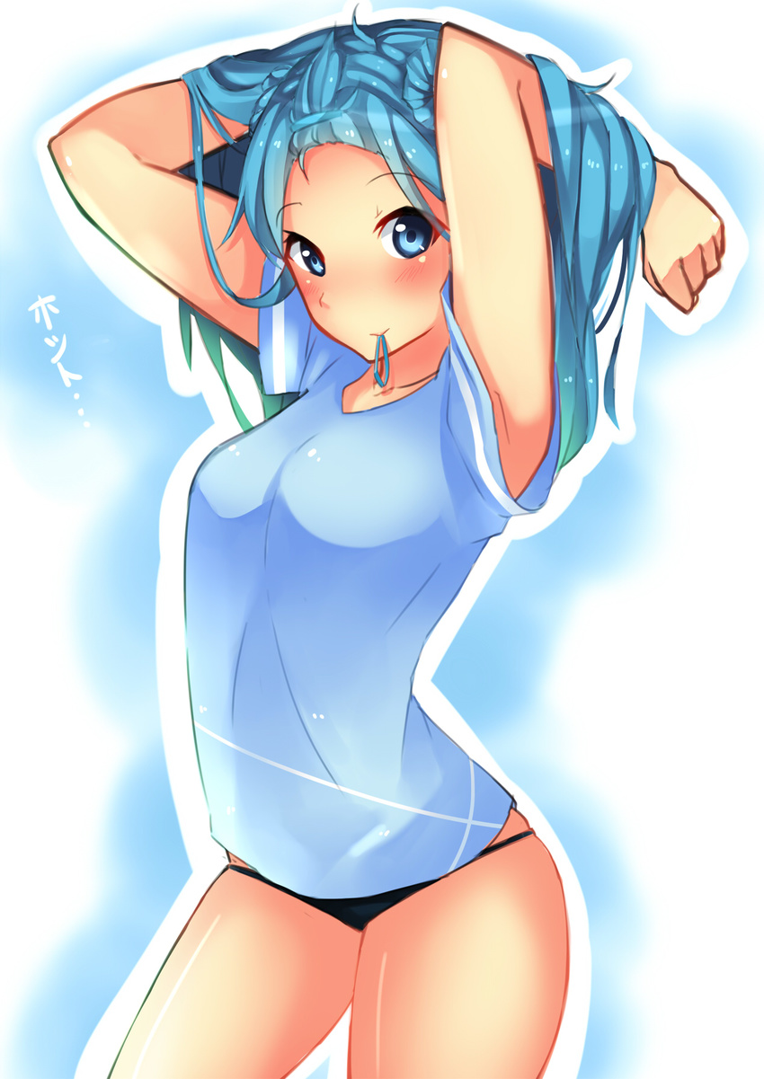 adjusting_hair alternate_costume arms_up black_panties blue_eyes blue_hair breasts dressing gus_yoga highres kantai_collection looking_at_viewer medium_breasts mouth_hold no_pants panties solo underwear urakaze_(kantai_collection)