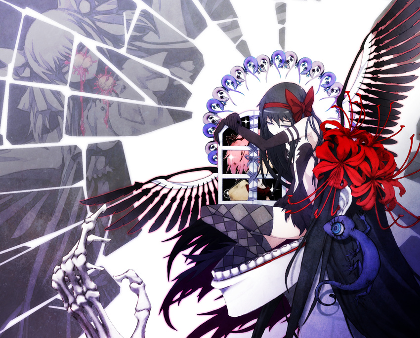 akemi_homura akuma_homura argyle argyle_legwear bare_shoulders black_gloves black_hair black_wings bow dress elbow_gloves feathered_wings flower gloves hair_bow hairband head_down homulilly kaname_madoka long_hair mahou_shoujo_madoka_magica mahou_shoujo_madoka_magica_movie mazeran pink_hair purple_eyes red_bow red_hairband salamander skeletal_arm spider_lily spoilers surreal thighhighs twintails two_side_up ultimate_madoka window wings witch_(madoka_magica) zettai_ryouiki