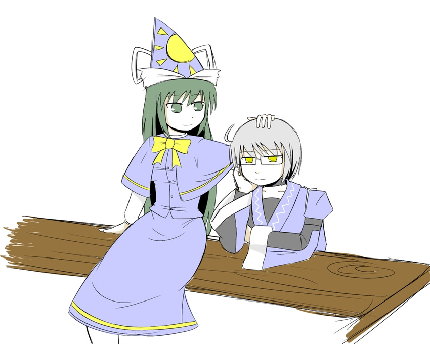 1girl ahoge arm_support bow capelet expressionless glasses green_eyes green_hair hand_on_another's_head hand_on_own_cheek hat hetero kita_(higan) light_smile long_sleeves mima morichika_rinnosuke petting silver_hair simple_background sitting table touhou touhou_(pc-98) wide_sleeves wizard_hat yellow_bow yellow_eyes