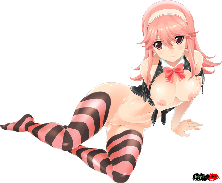 bare_shoulders blush breast_hold breasts dream_c_club dream_c_club_(series) dream_c_club_gogo. frown hairband large_breasts long_hair mizuki_makoto navel nipples noko_(dream_c_club_gogo.) pink_eyes pink_hair pussy simple_background solo striped striped_legwear thighhighs white_background