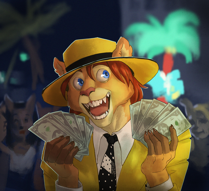 anthro blue_eyes claws clothed clothing craeque cute face fedora feline fur hair hat intricatevision lion long_hair male mammal money open_mouth smile solo teeth the_mask tongue zoot_suit
