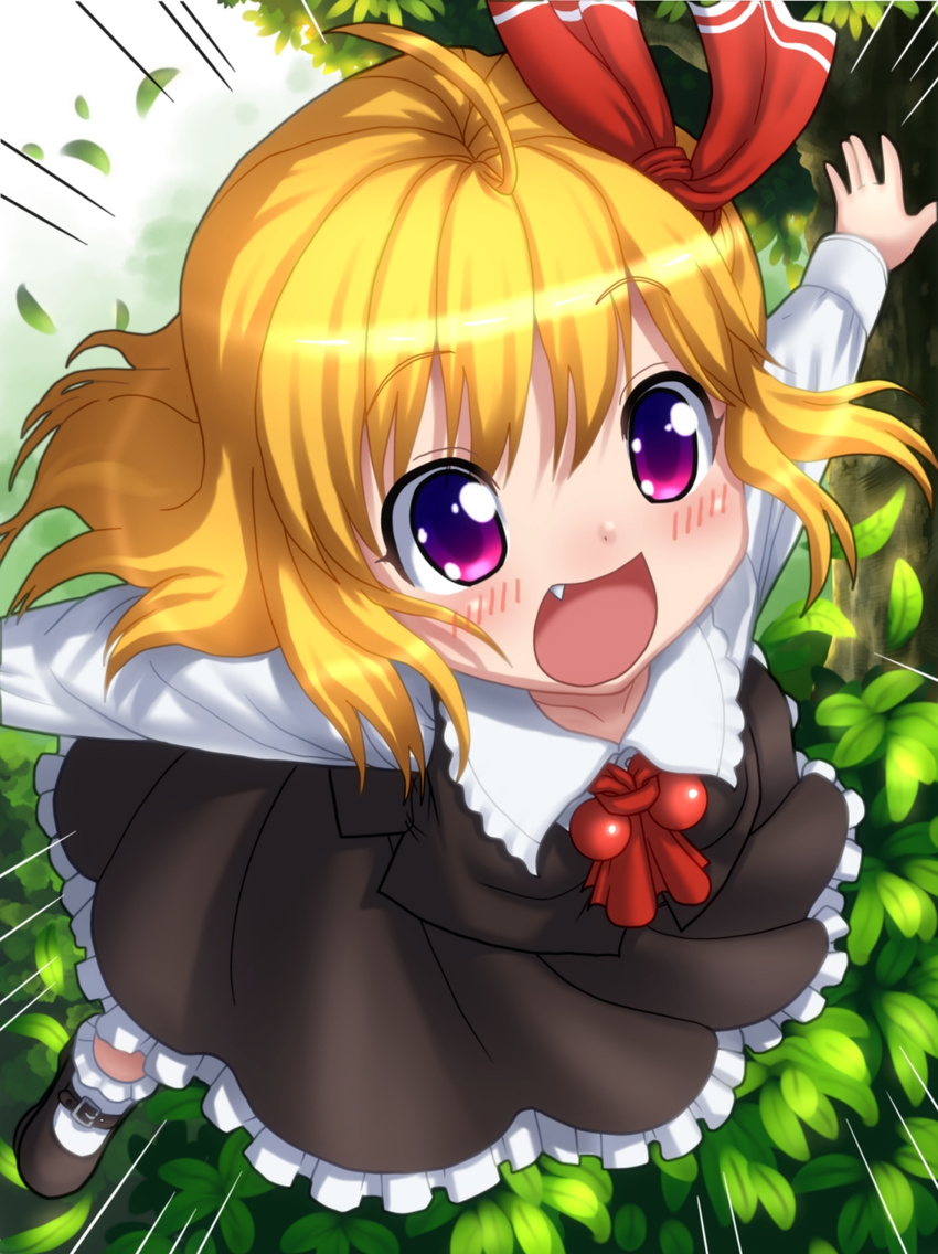 :d commentary_request fang highres kezune_(i-_-i) leaf mary_janes motion_lines open_mouth outstretched_arms purple_eyes rumia shoes smile solo spread_arms touhou