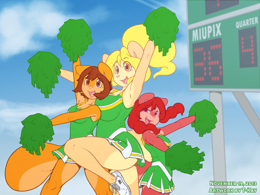 bare_shoulders big_breasts blonde_hair blue_eyes breast_squish breasts brown_eyes brown_hair butt cheerleader cream_(miu) female fur hair jam_(miu) mammal orange_fur peaches_(miu) pigtails pom_poms ponytail pose red_hair rodent shoes short_hair size_difference skirt smile squirrel t-kay thighs uniform