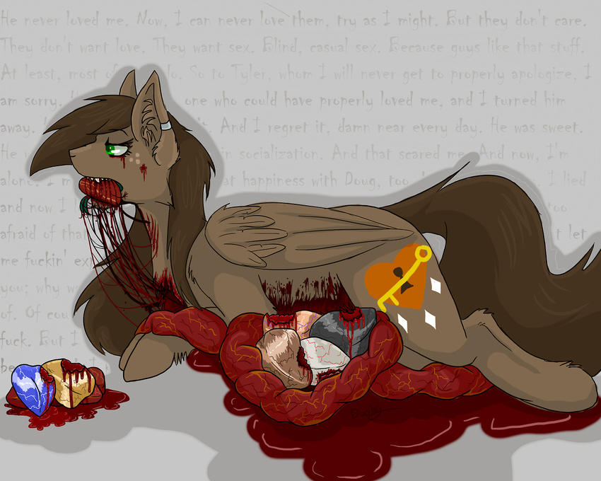 blood cannibalism claw_marks cutie_mark disembowelment dusty_(artist) eating english_text female friendship_is_magic gore guts hard_vore lying my_little_pony original_character text vore