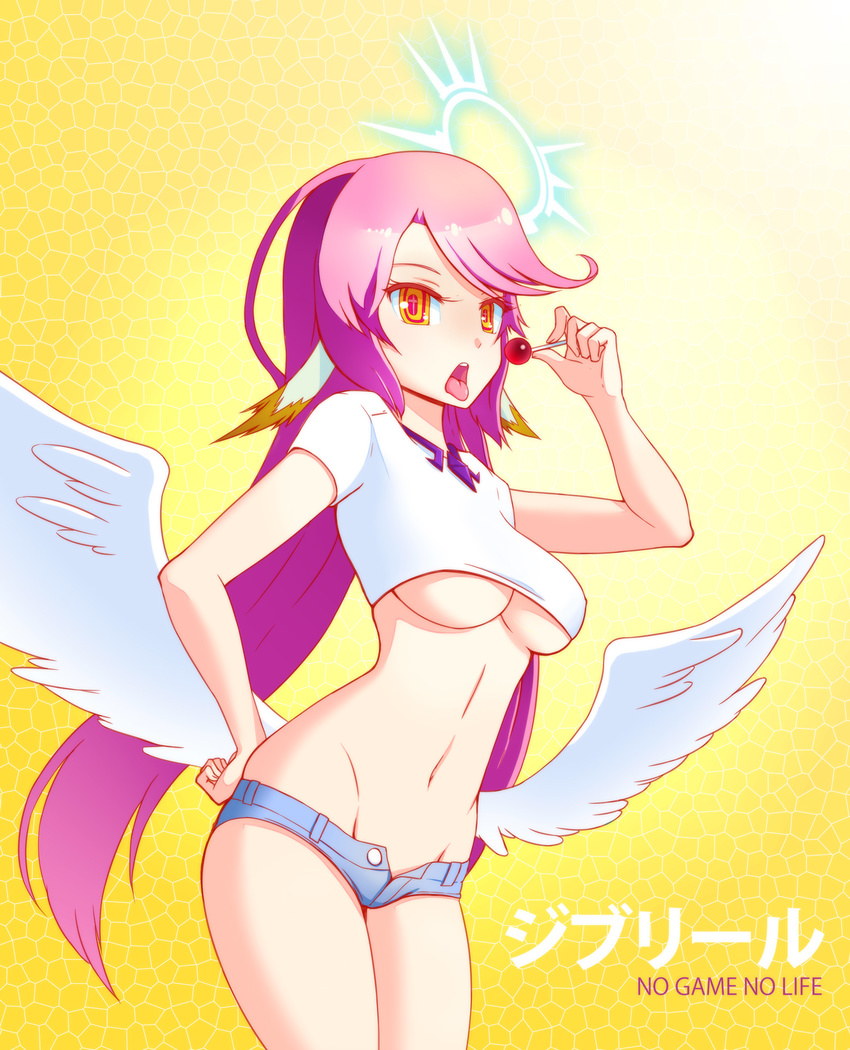 angel_wings breasts candy crop_top crop_top_overhang feathered_wings food groin halo hand_on_hip highres jibril_(no_game_no_life) kuso_otoko large_breasts lollipop long_hair low_wings magic_circle midriff navel no_game_no_life open_fly open_mouth purple_hair shirt short_shorts shorts skindentation solo taut_clothes taut_shirt tongue unbuttoned underboob unzipped very_long_hair white_wings wings yellow_eyes