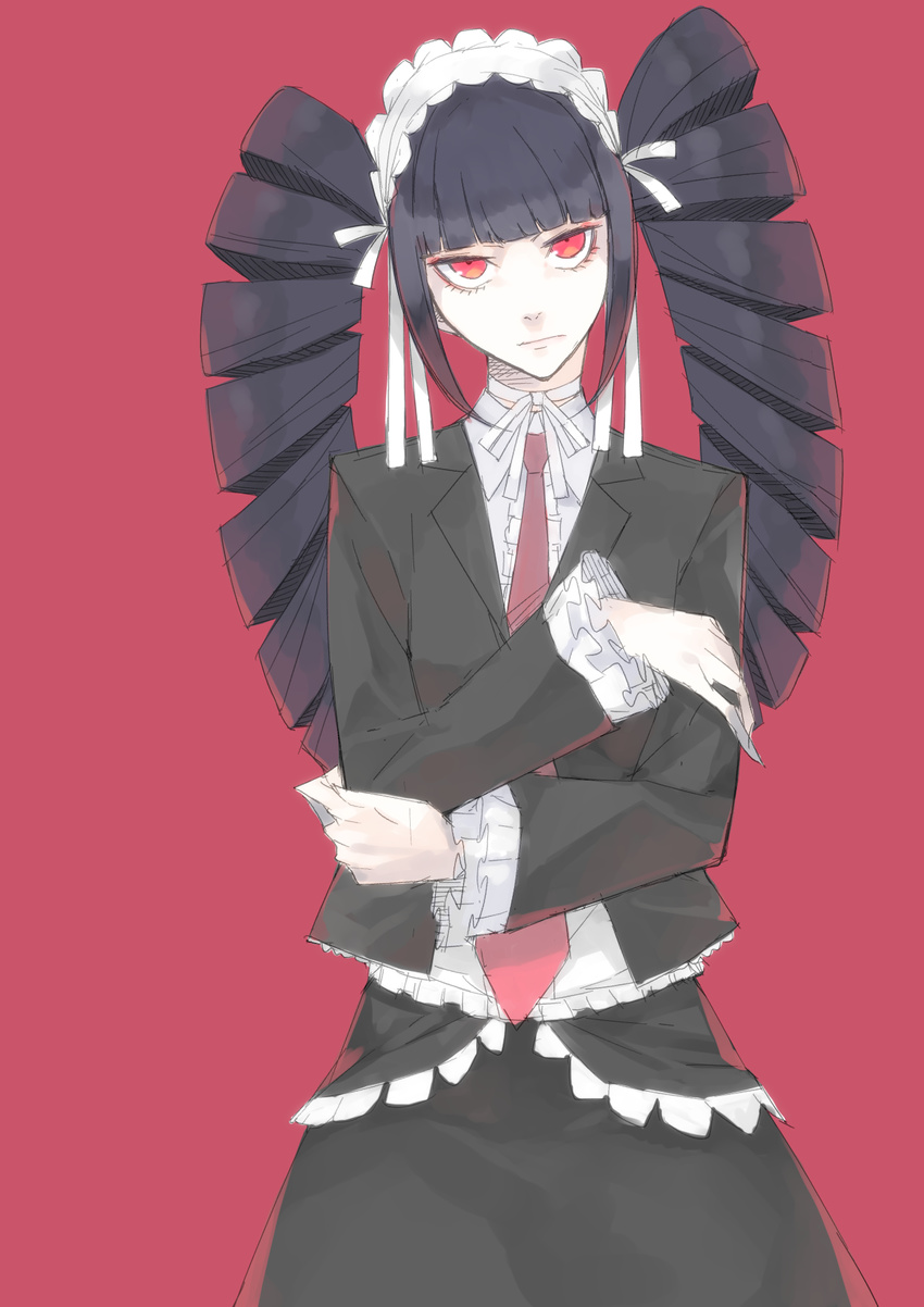 black_hair bonnet celestia_ludenberck danganronpa danganronpa_1 drill_hair frills gothic_lolita haruba_negi highres lolita_fashion long_hair necktie red_eyes solo twin_drills twintails