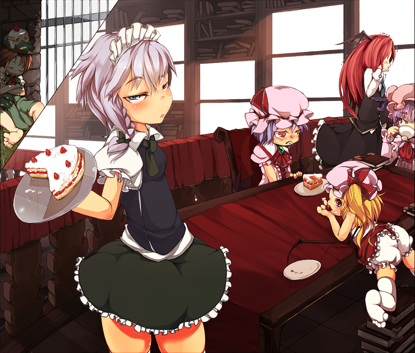 anaguma_(regret_party) barefoot bat_wings beret blonde_hair bloomers blue_eyes book bookshelf braid brick_wall cake cherry crossed_arms cup dress entrance finger_in_mouth flandre_scarlet floor food food_on_head fruit grass hand_on_table hat head_wings hong_meiling izayoi_sakuya koakuma long_hair looking_at_another looking_at_viewer looking_back low_wings lying maid_headdress miniskirt mob_cap multiple_girls object_on_head on_table patchouli_knowledge pink_dress puffy_short_sleeves puffy_sleeves purple_hair red_dress red_eyes red_hair remilia_scarlet short_hair short_sleeves sitting skirt skirt_set sleeping sleeping_upright smile star table teacup teardrop thighhighs tile_floor tiles touhou trembling twin_braids underwear wall window wings zettai_ryouiki