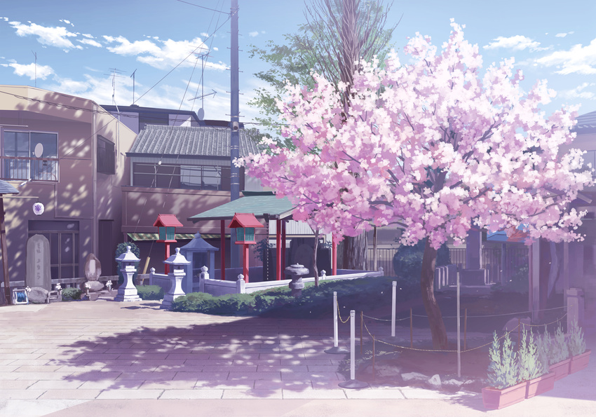 blue_sky cherry_blossoms city cloud commentary day east_asian_architecture highres house isou_nagi lantern laundry_pole no_humans original outdoors pavement plant potted_plant real_world_location rope running_bond satellite_dish scenery shrine silhouette sky spring_(season) stone_lantern telephone_pole tombstone tree