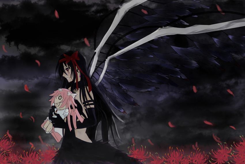 absurdres akemi_homura akuma_homura bare_back bare_shoulders black_gloves black_hair black_wings blood bloody_tears bow character_doll choker cloud cloudy_sky crying dress elbow_gloves feathered_wings flower gloves hair_bow highres holding jewelry kaname_madoka long_hair mahou_shoujo_madoka_magica mahou_shoujo_madoka_magica_movie moy_(seter) pink_hair purple_eyes single_earring sky solo spider_lily spoilers streaming_tears tears two_side_up ultimate_madoka wings