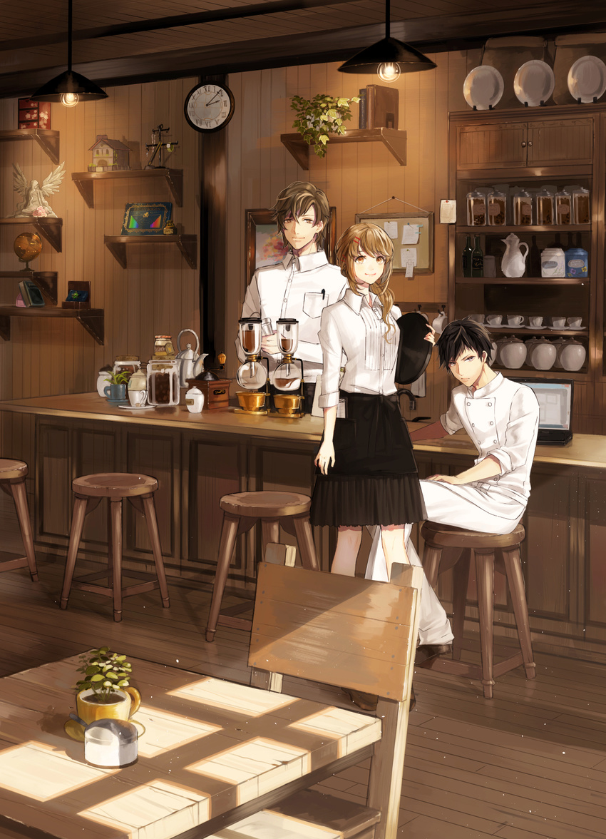 2boys apron black_hair book bottle brown_hair cabinet cafe chair chef chef_uniform clipboard clock coffee_beans coffee_grinder commentary_request computer cup glass globe hair_ornament hairclip hidaka_(kokoro_drip) highres holding indoors jar kettle kokoro_drip laptop lights long_hair looking_at_viewer multiple_boys note official_art painting_(object) pen plant restaurant saucer scowl shelf short_hair sitting skirt smile statue stool table teacup tray tsunashima_taku vase vient waiter waitress yoshikawa_chima