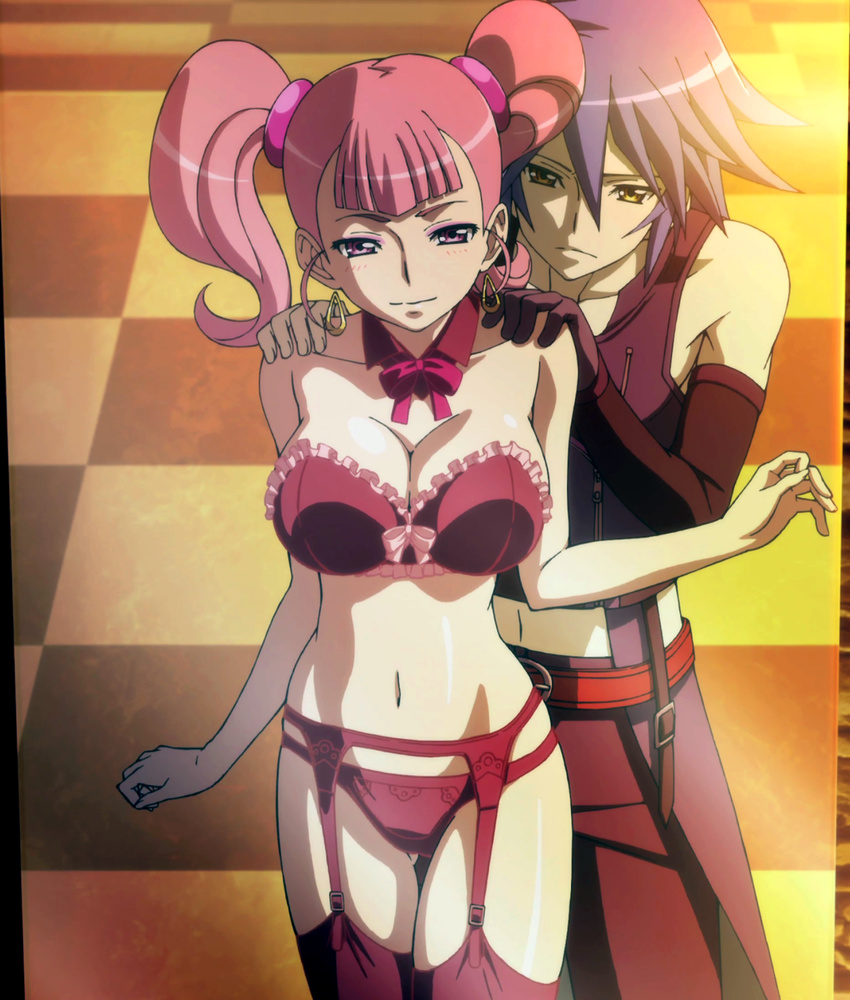 1boy 1girl amara_(captain_earth) bare_shoulders black_legwear blue_hair blush bra breasts captain_earth checkered checkered_floor cleavage detached_collar earrings floor frilled_bra frills garter_belt grin hands_on_another's_shoulders hands_on_another's_shoulders highres jewelry large_breasts lingerie long_hair midriff mirror moco_(captain_earth) navel panties pink_eyes pink_hair ribbon screencap shiny shiny_skin single_glove smile stitched thighhighs twintails underwear underwear_only yellow_eyes