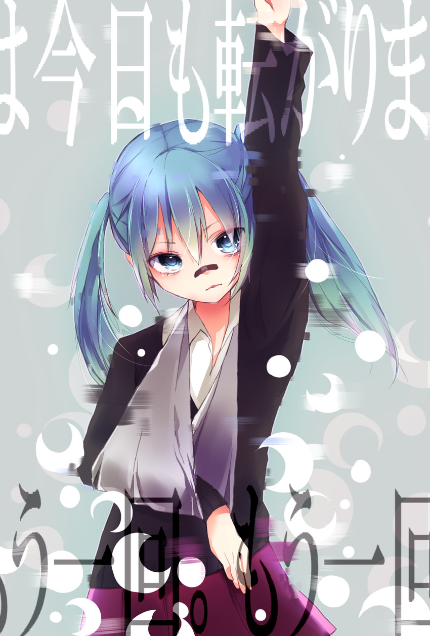 arm_sling arm_up bandaid bandaid_on_nose blue_eyes blue_hair hatsune_miku highres long_hair rolling_girl_(vocaloid) shirogane_rai solo twintails vocaloid