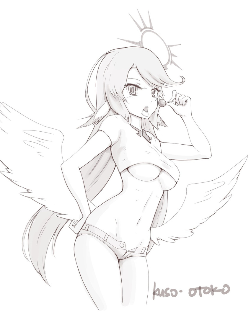 angel_wings breasts candy crop_top crop_top_overhang feathered_wings food greyscale groin halo hand_on_hip highres jibril_(no_game_no_life) kuso_otoko large_breasts lollipop long_hair low_wings magic_circle md5_mismatch midriff monochrome navel no_game_no_life open_fly open_mouth shirt short_shorts shorts skindentation solo taut_clothes taut_shirt tongue unbuttoned underboob unzipped very_long_hair white_wings wings