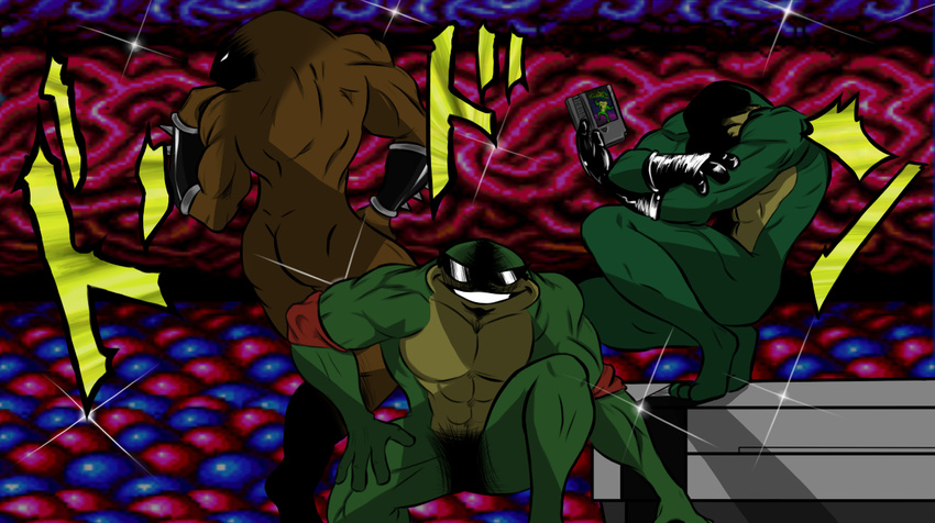 ass battletoads fabulous frog game_cartridge game_console jojo_no_kimyou_na_bouken manly multiple_boys muscle nes pimple_(battletoads) pose rash_(battletoads) shaded_face sparkle sunglasses zitz