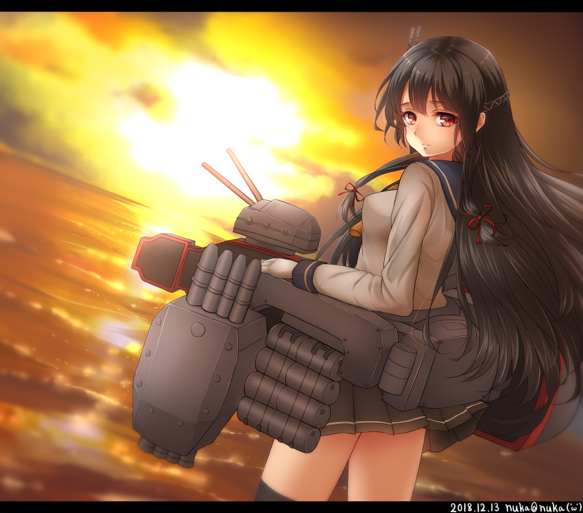 1girl bangs black_hair black_legwear blue_sailor_collar cloud commentary_request dated dutch_angle eyebrows_visible_through_hair from_behind gloves grey_skirt hair_ribbon headgear highres horizon isokaze_(kantai_collection) kantai_collection letterboxed light_smile long_hair long_sleeves looking_back machinery miniskirt nuka_(nvkka) ocean orange_neckwear outdoors pleated_skirt red_eyes red_ribbon ribbon sailor_collar school_uniform serafuku single_thighhigh skirt solo sun sunlight sunset thighhighs tress_ribbon turret twitter_username white_gloves