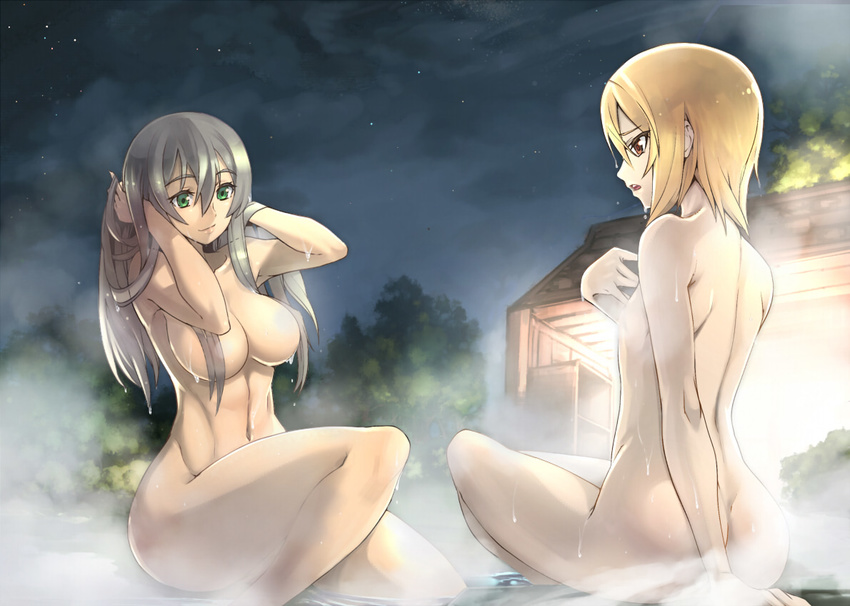 ass blonde_hair blush breast_envy breasts character_request flat_chest green_eyes grey_hair hijiri large_breasts long_hair multiple_girls navel nude onsen short_hair sitting smile wet yellow_eyes