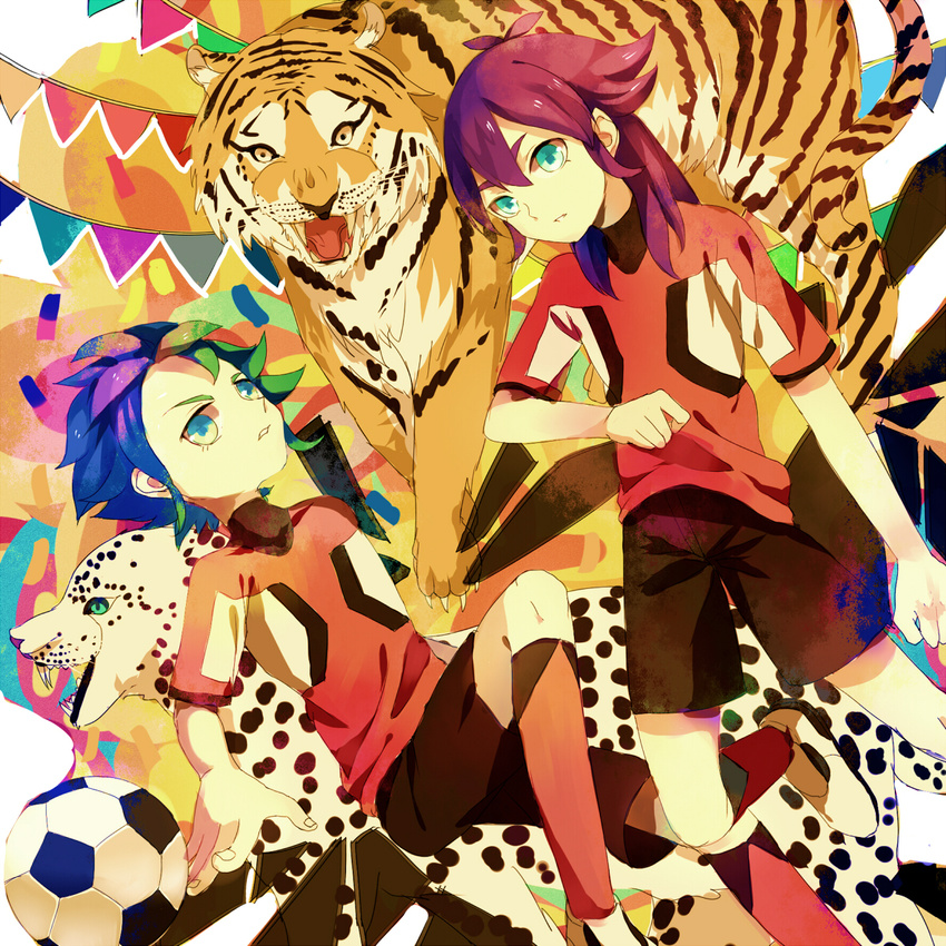 bad_id bad_pixiv_id ball blue_eyes blue_hair inazuma_eleven_(series) inazuma_eleven_go junekun kishibe_taiga leopard long_hair male_focus multiple_boys open_mouth purple_hair resistance_japan soccer_ball soccer_uniform sportswear telstar tiger yukimura yukimura_hyouga