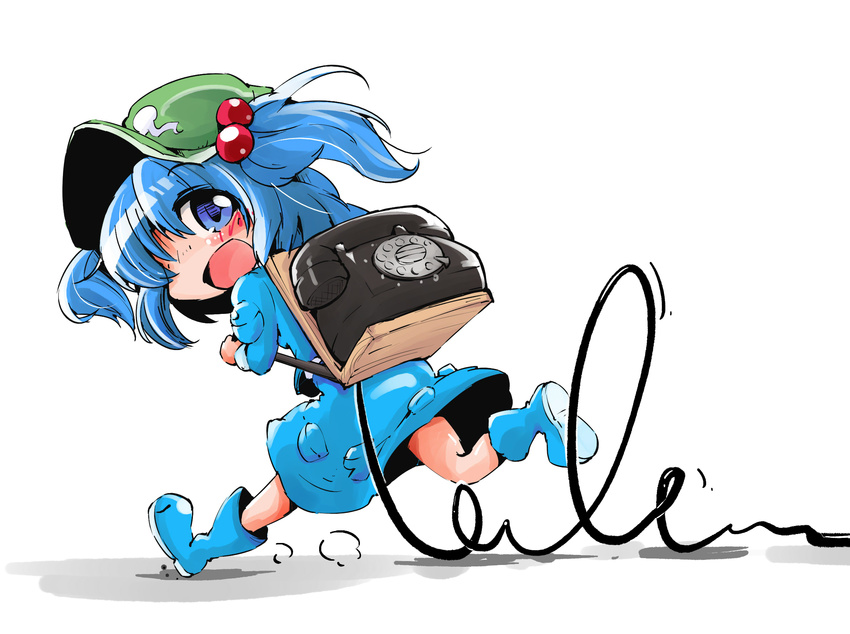 blue_eyes blue_hair boots commentary corded_phone full_body hair_bobbles hair_ornament hair_over_one_eye hat highres kawashiro_nitori long_sleeves looking_back open_mouth phone rotary_phone rubber_boots running shadow shinapuu simple_background skirt skirt_set solo touhou two_side_up white_background wire